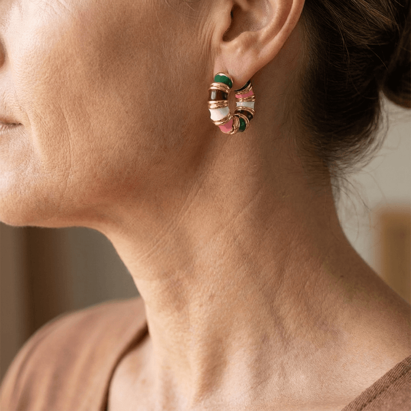 Vintage Enamel Huggie Hoop Earrings with Gold Accents