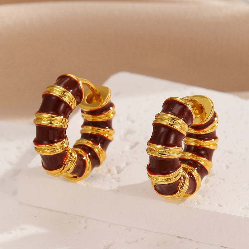 Vintage Enamel Huggie Hoop Earrings with Gold Accents