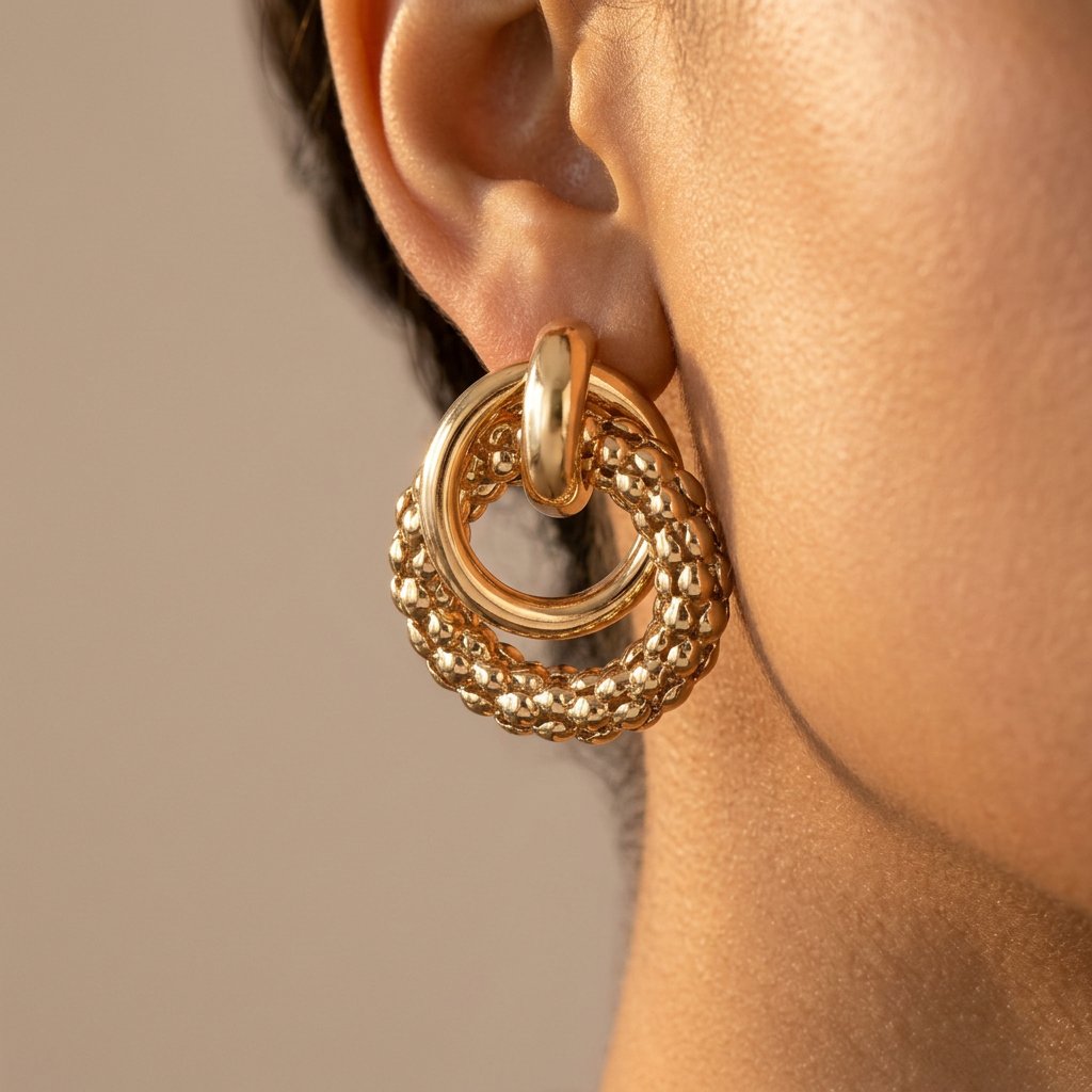 Vintage Gold Beaded Double Hoop Earrings