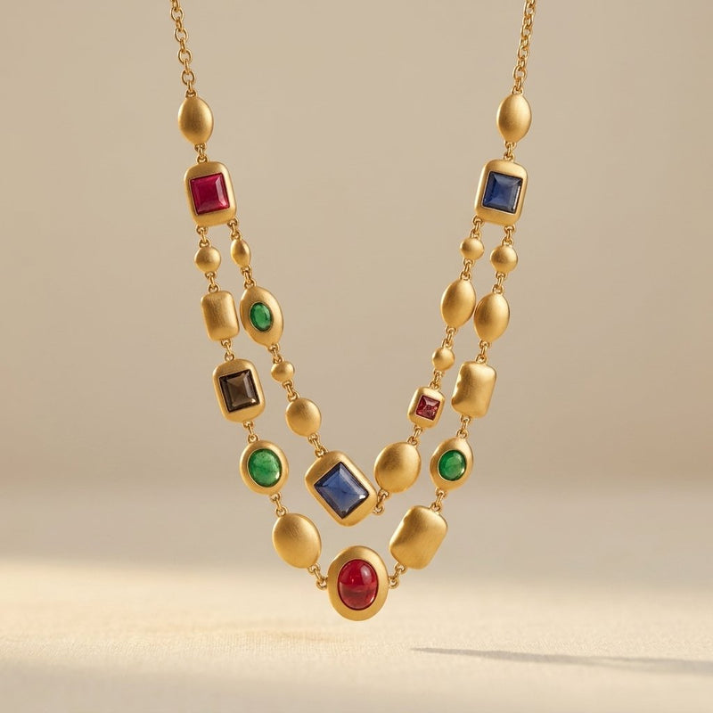 Vintage Gold Multicolor Gemstone Layered Necklace