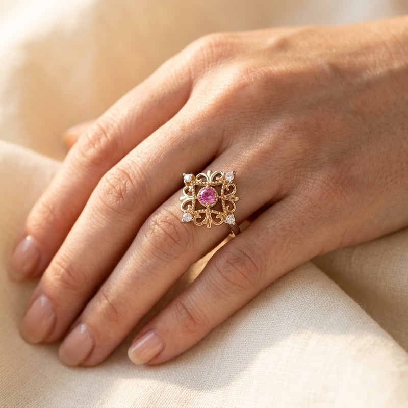 Vintage Gold Pink Sapphire Filigree Ring