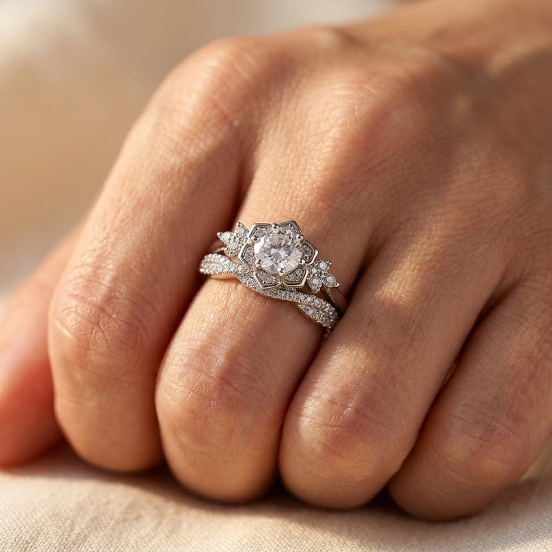 Vintage Silver Filigree Round Cubic Zirconia Ring Set