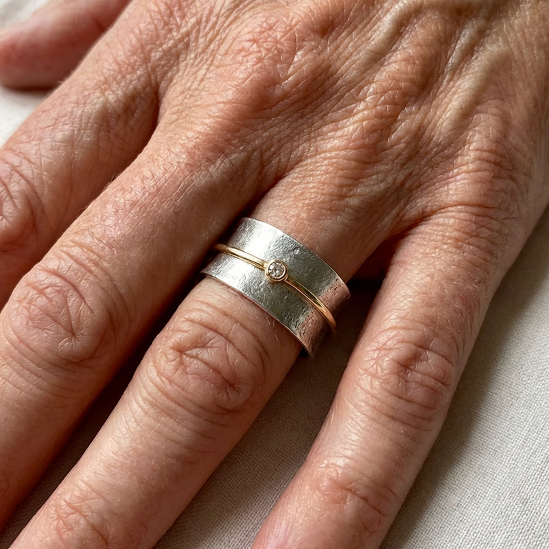 Vintage Silver Open Band Ring with Gold Sphere