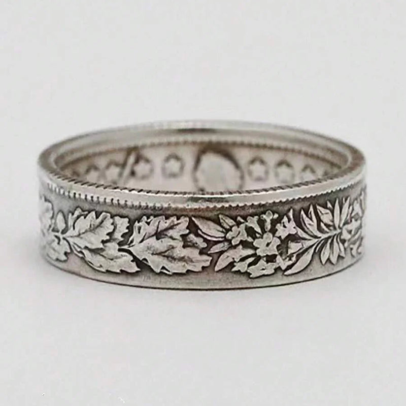 Vintage Silver Plated Snowflake & Coin Pattern Ring