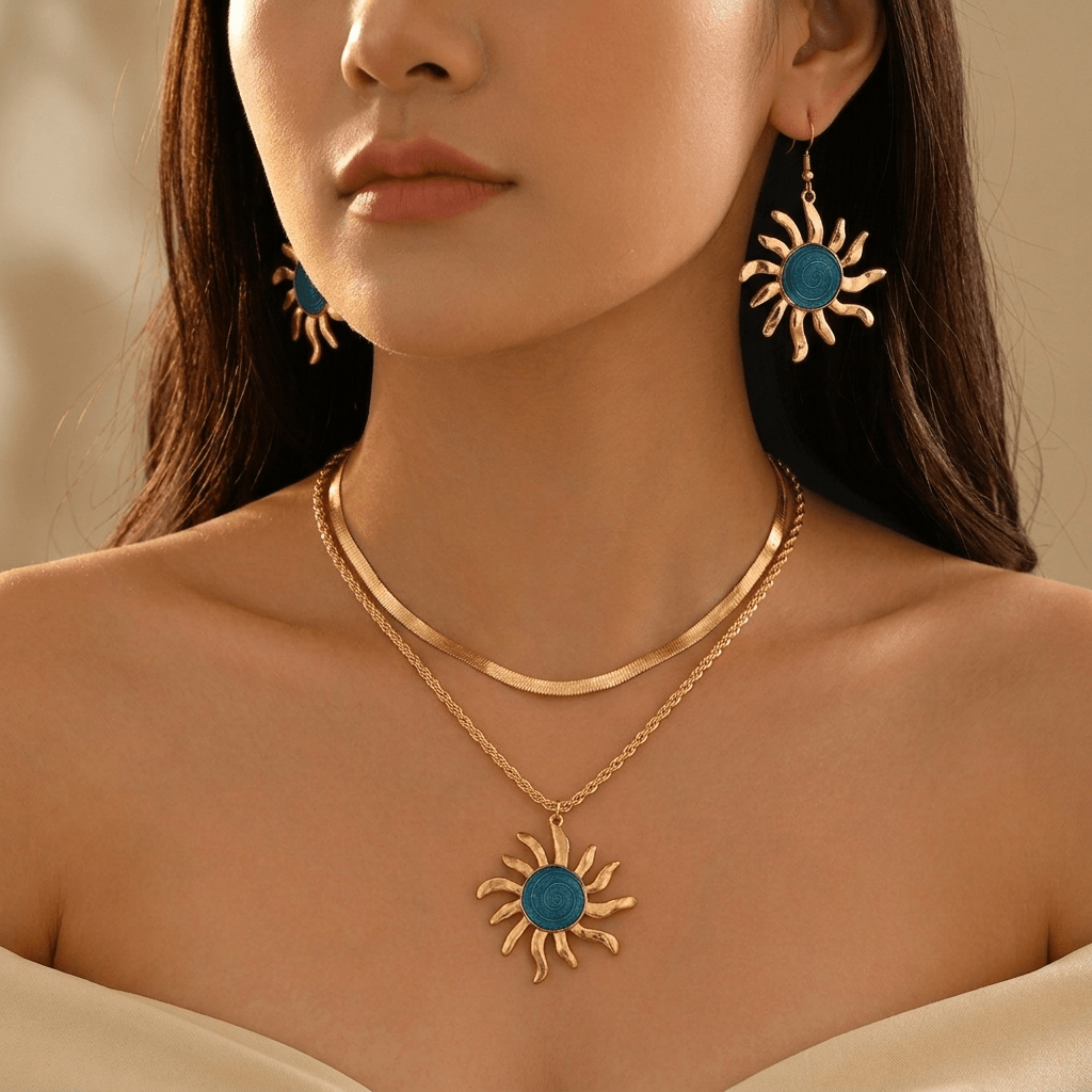 Sun Themed Earrings And Double Layer Necklace Set